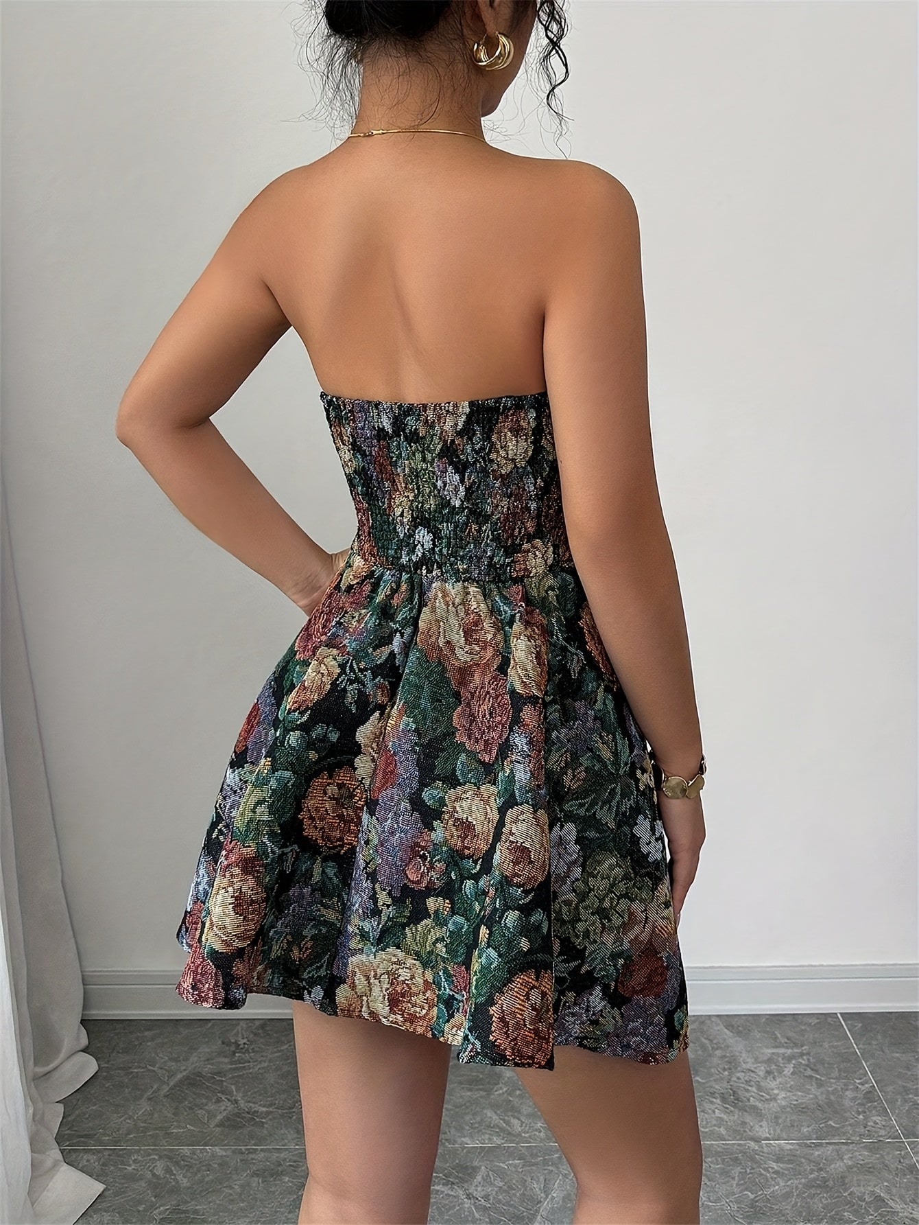 Elegant Vintage-Inspired Floral Tube Dress for Women - Sleeveless A-Line Summer Dress with Dark Background and Vibrant Rose Print, Machine Washable, Perfect for Casual or Formal Occasions, Occasion Dress | Vintage Floral Dres